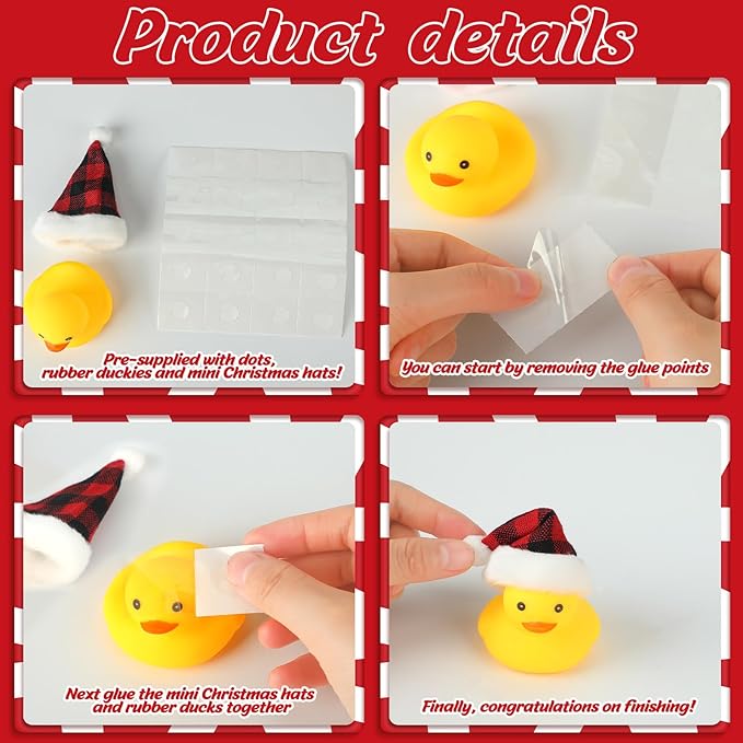 Liliful 48 Pcs Christmas Rubber Ducks with Hat Xmas Mini Rubber Ducks in Bulk Holiday Party Favors Bath Toys for Christmas Party Decor Gift (Berry Plaid Hat)