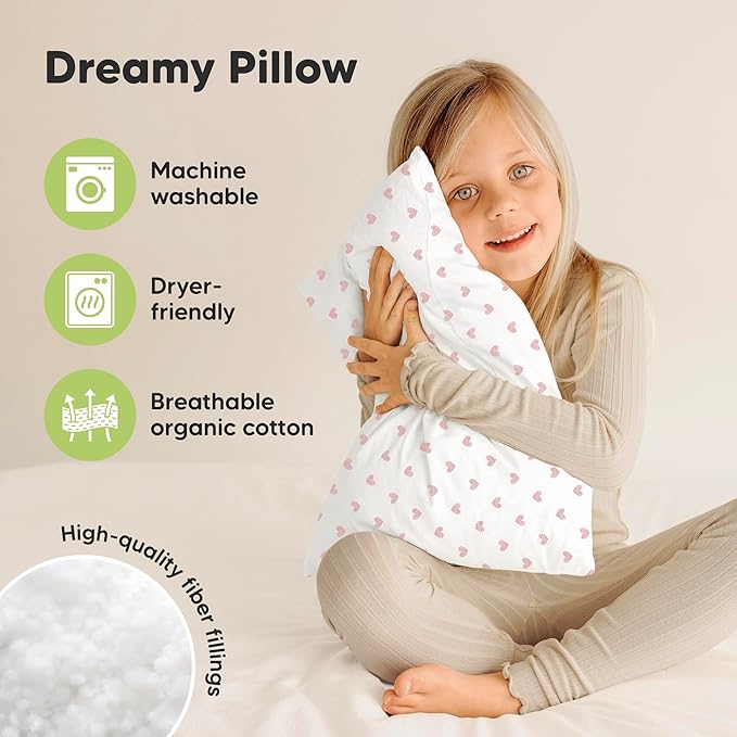 KeaBabies 2-Pack Toddler Pillow 13x18 - Soft Organic Cotton Kids Travel Bed Pillows for Sleeping, School, Nap, Machine Washable, Toddlers 2 to 5, Pillowcase Sold Separately (Hearts)