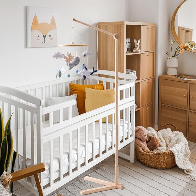 Floor-Standing Wooden Crib Mobile Arm 61 Inch | 360°Adjustable Movable Baby Mobile Hanger | Anti-Dumping Multifunction Mobile Arm for Crib | Adjustable Height Mobile Arm Nursery Decor