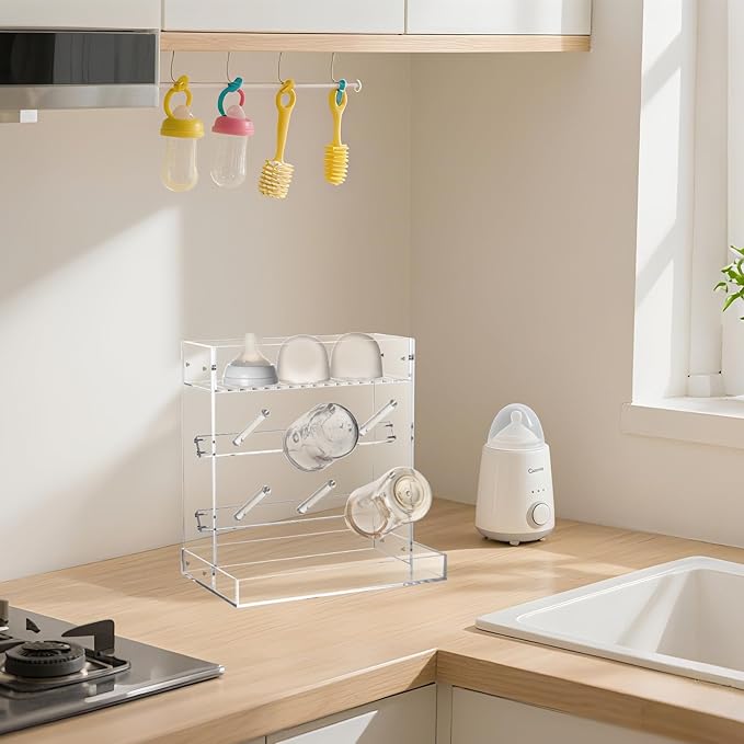 Vertical Baby Bottle Drying Rack, Acrylic Space Saving Baby Bottle Dryer Rack and Baby Accessories Oragnizer for Kitchen Countertop, Quick Drying, Easy Cleanup & Storage, Clear