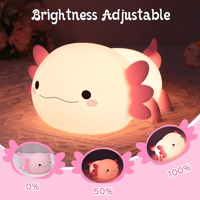 Axolotl Night Light for Kids, Cute Axolotl Silicone Lamp Rechargeable, Squishy Animal Light with Timer Dimmable, Nursery Decor Birthday Holiday Gifts for Girl Boy