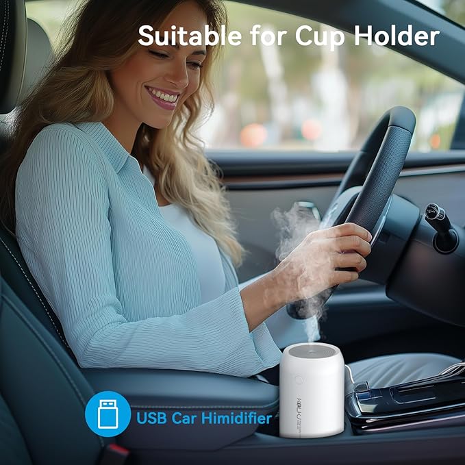 Portable Mini Humidifier, KQLKJ 350ml Small Cool Mist Humidifiers, USB Personal Desktop Humidifier for Bedroom Car Office Travel with Auto Shut-Off & 2 Mist Modes (White)