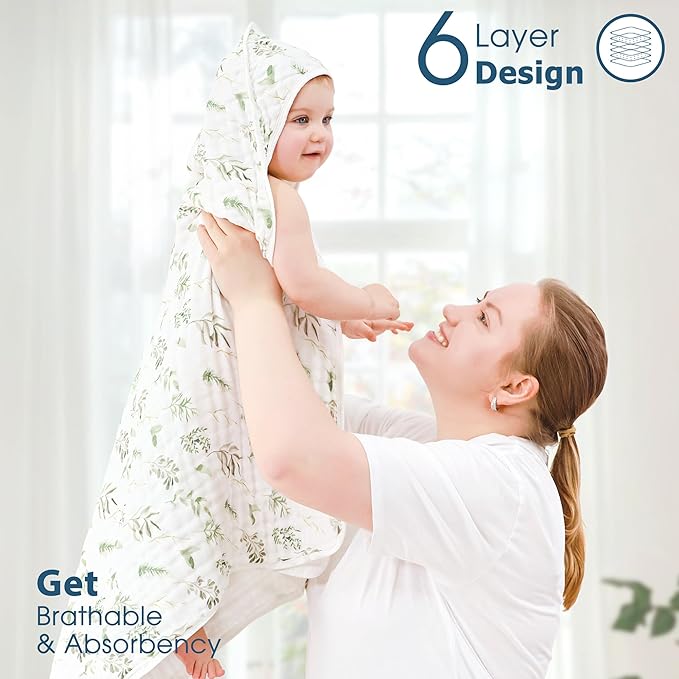 GRSSDER Ultra Soft Absorbent Muslin Cotton Baby Hooded Towel 2 Pack with Original Patterns, Extra Large Size 35"x 35" Swaddle Wrap for Newborn Infant and Toddler