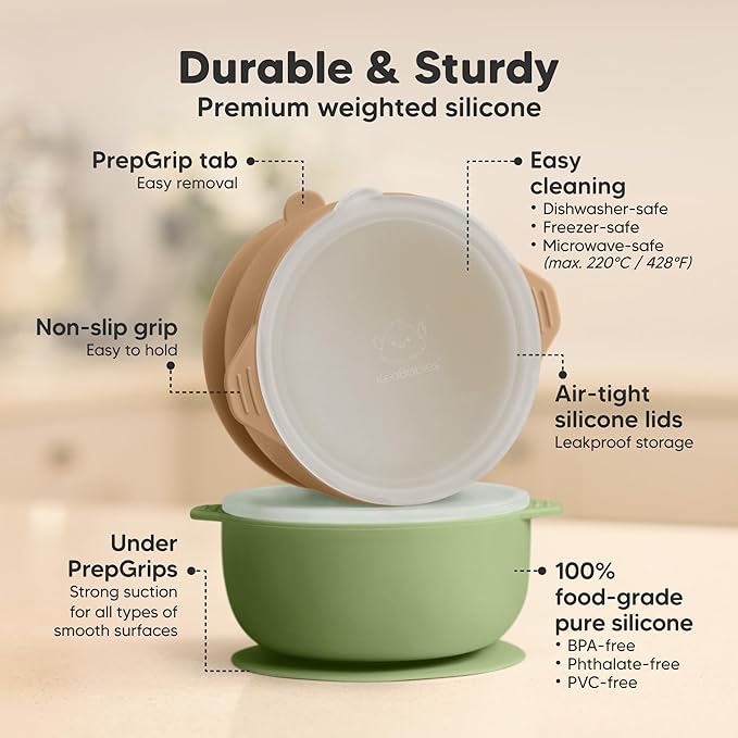 KeaBabies 2-Pack Baby Bowls with Suctions, Lids - Silicone Toddler Suction Bowls for Baby Boy, Girl, Kids, Food Grade Silicone, BPA-Free, Dishwasher Safe, Toddler Eating Essentials (Desert)