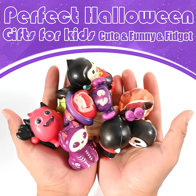 24PCS Halloween Squishy Toys for Party Favors, Treat or Trick Goodie Bags Pinata Fillers Halloween Boo Spooky Basket Stuffers Classroom Prizes Gifts for Kids