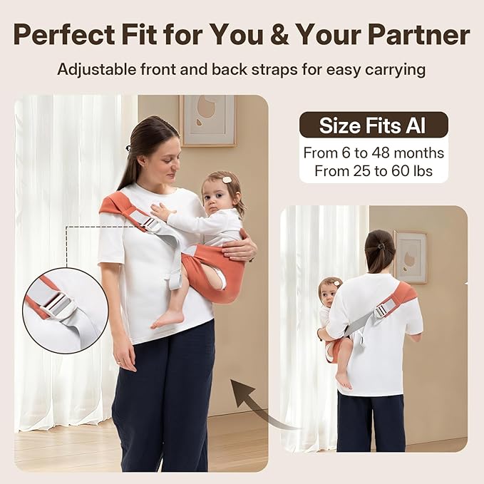 Toddler Carrier for 25-60 lbs,Comfortable&Lightweight Baby Sling Carrier,Adjustable with Left/Right Shoulder Straps,One Size Fits All,Ideal for Shopping and Travel-Orange