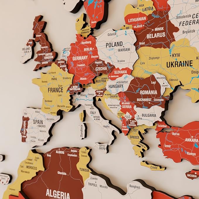 Colorfull Worlds 3D Wooden World Map Wall Art - Premium Multicolored World Travel Map for Wall Decor with Push Pins- Ideal Housewarming Gift & Travel Tracker (XLarge, Terracota)