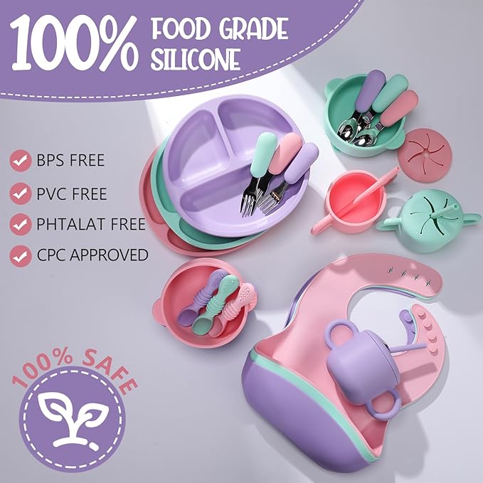24 Pack Silicone Baby Feeding Set Baby LED Weaning Supplies Includes Suction Divided Plates Soft Bowl Spoons Forks Adjustable Bib Snack Cup and Straws(Pink, Purple, Mint Green)