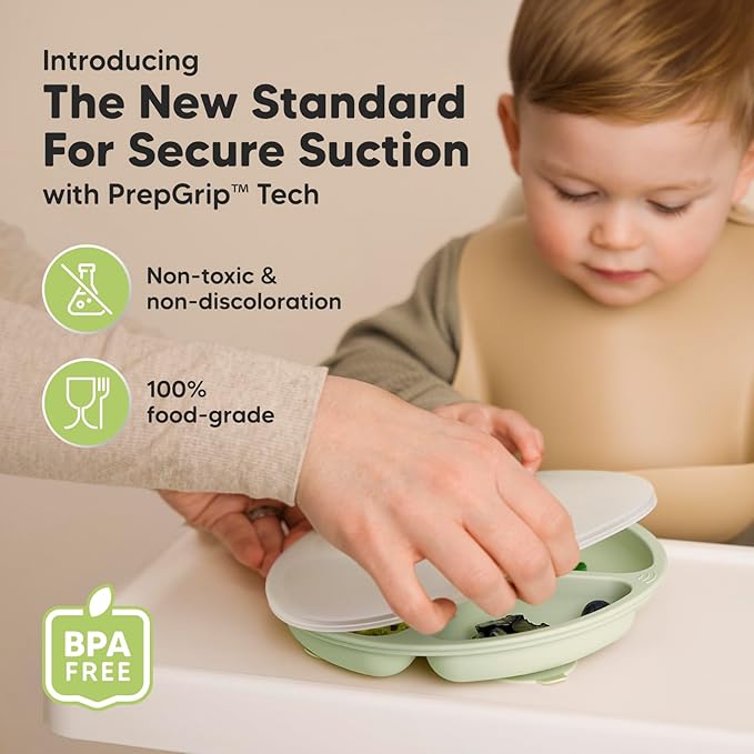 KeaBabies Suction Plates with Lids for Baby - 3-Pack 100% Silicone Toddler Plates with Suction, Divided, BPA-Free Baby Led Weaning Essentials for Kids, Dishwasher, Microwave Safe, Durable (Mellow)