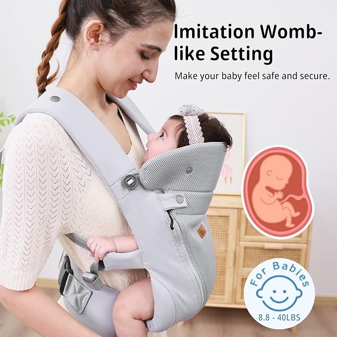 CUBY Newborn Baby Carrier with Head Support and Sunshield, Breathable & Adjustable Newborn Toddler Front Baby Carriers, Hands-Free Newborn Carrier up to 40lbs(Light Gray, Upgraded-with Waist Belt)
