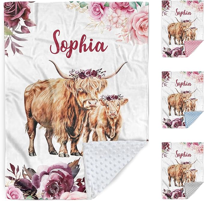 Personalized Baby Blanket, Custom Baby Blankets with Name for Girls Boys, Flannel Double Layer Dotted Backing Receiving Swaddle Blanket, Highland Cow Toddlers Infants Customized Gifts(60"x80")