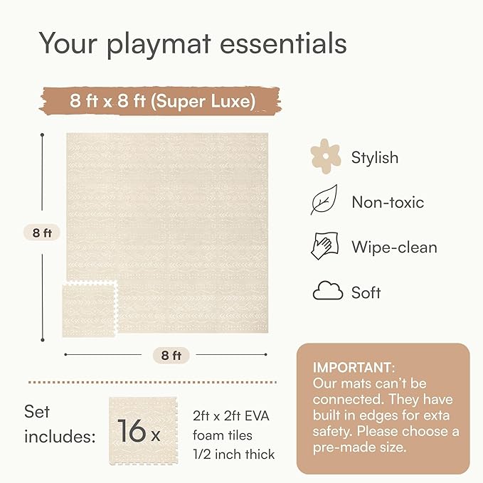 Lillefolk Baby Play Mat for Floor – 8x8ft Beige | Soft Non Toxic Premium EVA Foam Tiles for Tummy Time, Crawling & Playroom – Waterproof for Hard Floors Mat for Babies & Toddlers (16 Tiles)