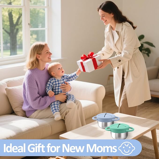 BUSOHA 2 Pack Stainless Steel Toddler Snack Cups - 9 OZ Spill-Proof Baby Snack Containers with Silicone Catcher and Lid Travel Snack Containers for Kids Food Grade Silicone Dishwasher Safe