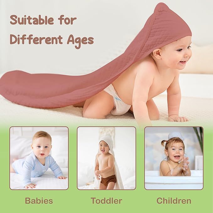 Organic Cotton Muslin Baby Hooded Towels - 32x32 Inch, 2 Pack Newborn Bath Towels for Boys & Girls, Soft & Absorbent Bath Set (Pink/Floral)