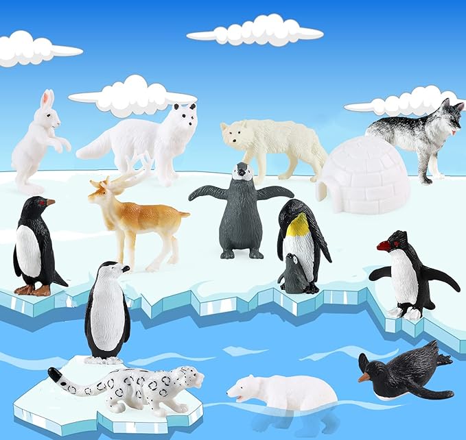 RCOMG Arctic Animals Figures, 14pcs Mini Polar Animal Figurines, Plastic Arctic Animal Toys Set with Arctic Fox Wolf Reindeer Penguins Toys
