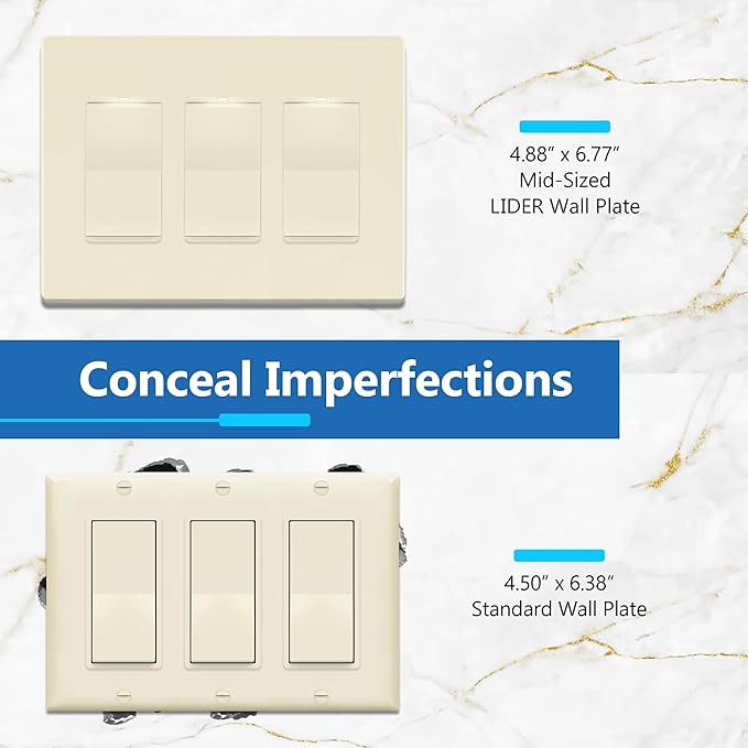 LIDER Matte Finish Decorator Switch Cover, Screwless Wall Plate, Mid-Size 3-Gang 4.88" x 6.77", Unbreakable Polycarbonate Thermoplastic, UL Listed, LSWP-33M-LA, Light Almond