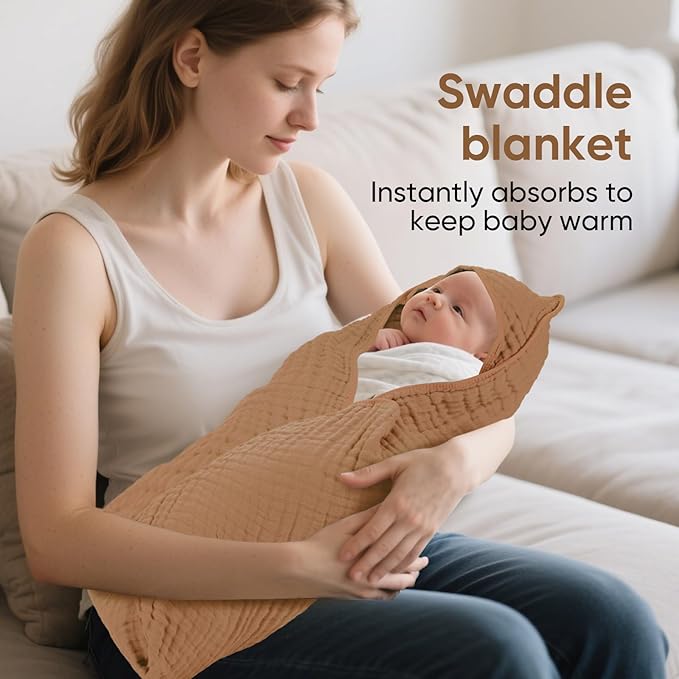 Muslin Hooded Baby Towels 100% Cotton ，Super Soft Muslin Baby Bath Towel - 32 x 32 Inches, Suitable for Newborn and Young Children up to 3 Years Old. (Beige & Coffee)