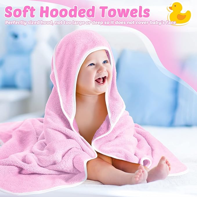 Reginary 4 Pack Baby Hooded Towels Coral Fleece Baby Bath Towels 30 x 30 Inch Soft Absorbent Hooded Bath Blanket for Newborn Toddler Infant Boy Girl Shower Gift Supplies (White, Pink)