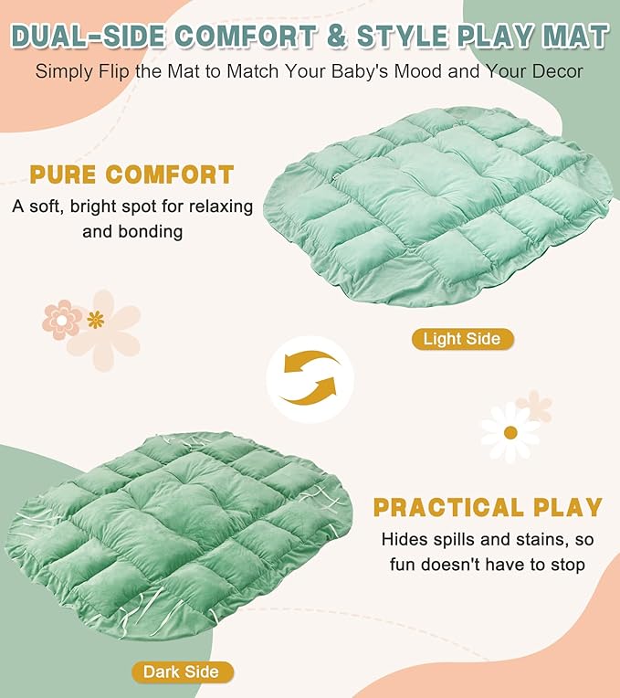 5-in-1 Baby Play Gym and Tummy Time Mat, Tummy Time Pillow & 12 Learning Cards, Plush Activity Mat with 6 Toys, Baby Gym, Convertible to Ball Pit & Pet Bed, Baby Gift, Sage Green