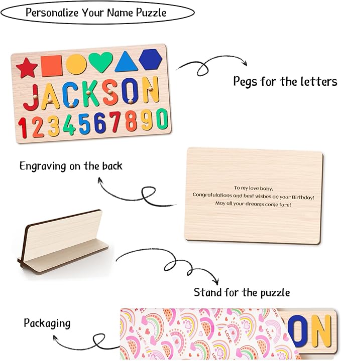 Name Puzzle for Kids Personalized, Custom Wooden Number Puzzles for Toddlers 1-3 with Shape, Personalized Baby Gifts Educational Toys for 1 Year Old Girl Gifts for Birthday Baptism