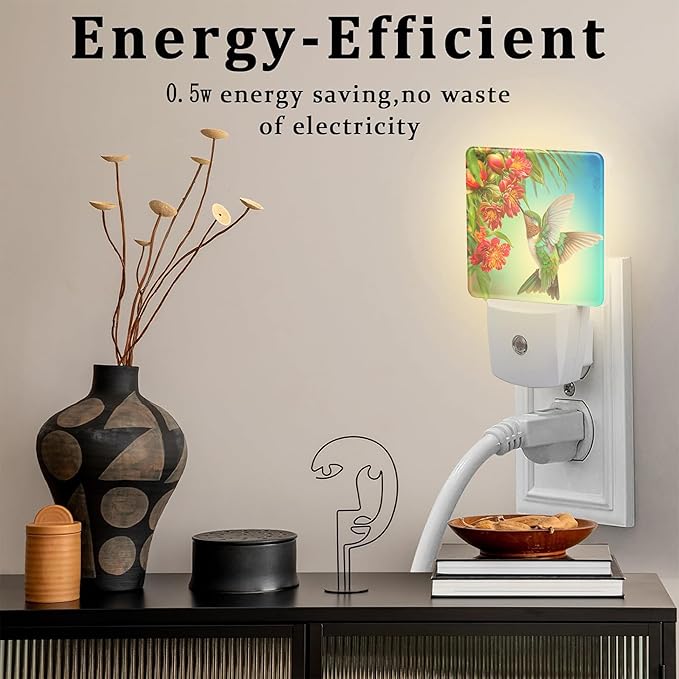 Hummingbird with Flowers Night Light for Kids,Red Tropical Floral Leaves Hummingbird Night Light Plug in with Dusk to Dawn Sensor,0.5w Energy Saving Nightlight for Hallway Stairway Kitchen Bedroom