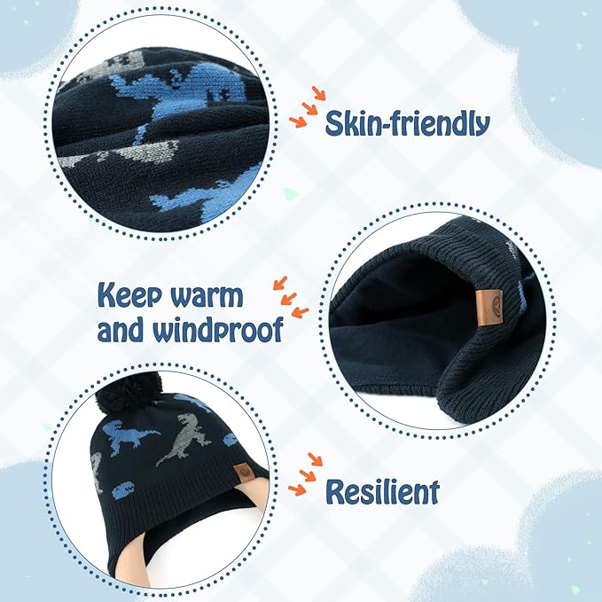 Duoyeree Kids Beanie Hat for Boys Girls Pom-pom Kint Hats Cozy Lining Winter Skull Cap