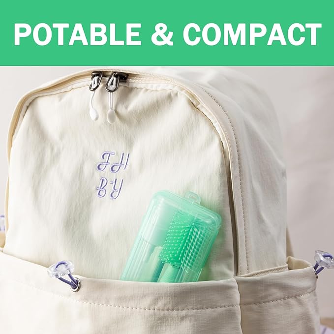 Travel Bottle Brush, 6-in-1 Portable Travel Bottle Cleaner Kit with Small Bottle Brush Built in Drying Rack, Nipple Brush, Straw Brush, Soap Dispenser, for Baby Bottles Under 8 OZ, BPA-Free(Green)