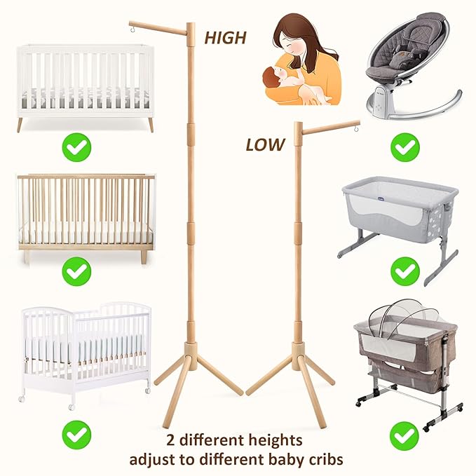 Floor-Standing Crib Mobile Arm with Music Box - 65 Inch Wooden Mobile Arm for Crib - Crib Mobile Motor - Volume Control - 35 Lullabies - Wooden Nursery Decor - Baby Mobile Hanger