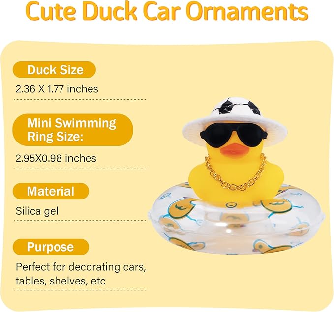 wonuu Car Rubber Duck, Yellow Duck Decoration Dashboard with Sun Hat Swim Ring Necklace Sunglasses for Car Dashboard Decorations