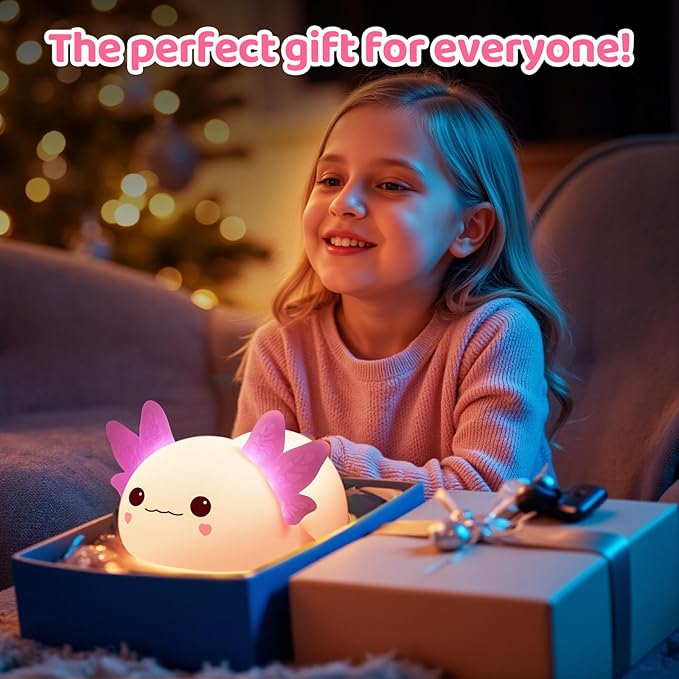 Huggwaii Squishy Axolotl Night Light for Kids, 4 Soothing White Noise Sounds, Dimmable Silicone Axolotl Lamp Toddler Light, Upgraded Rechargeable Animal Nightlight ,Baby Gifts & Girls Room Decor