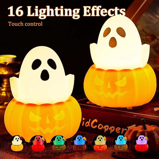 LED Pumpkin Ghost Night Light for Kids, Cute Lamp Gift 7 Colors NightLight, Silicone Rechargeable Bedroom Touch Pumpkin Lamps, Kawaii Room Decoration Bedside Lamp for Kids Girls Boys