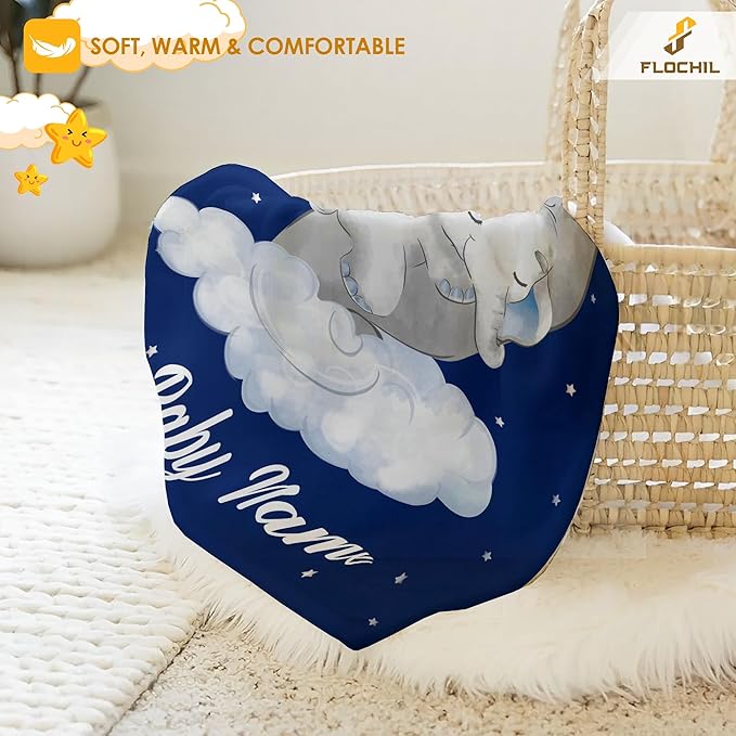 FLOCHIL Personalized Blanket with Name – Custom Fleece Blanket for Boys, Newborn Gift, Elephant Design (30x40) (Elephants 4)