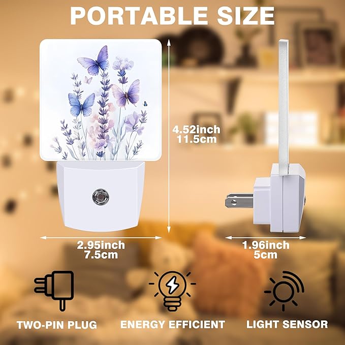 Night Light Watercolor Lavender Flower with Butterfly Night Lights Plug into Wall Smart Dusk to Dawn Sensor 0.5W Energy Efficient Led Lamp for Men Women Bedroom Hallway Stairway Decor