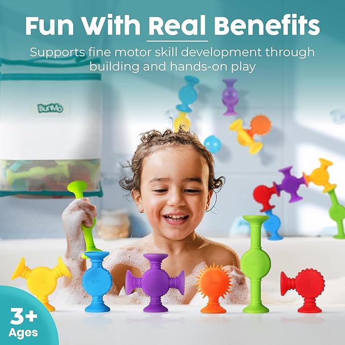 BUNMO Stocking Stuffers for Kids - Toddler Suction Bath Toys - Connect, Build, Create - Toddler Stocking Stuffers - Fine Motor Skills - Stimulating Sensory Fun - Textured 44 Pack