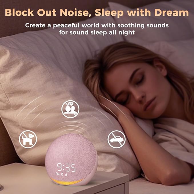 Sound Machine Alarm Clock for Bedroom: 25 Natural Sleep Sounds - White Noise Machine for Adults Kids Baby - Gentle Wake Up Alarm with Bluetooth Speaker - Pink