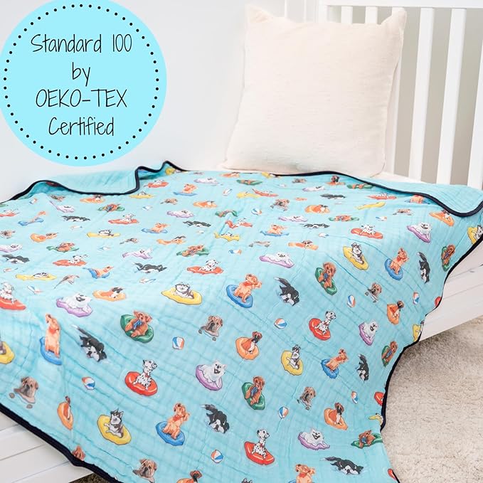 LollyBanks Muslin Blanket 100% Organic Cotton, Summer Muslin Quilt Lightweight, 6 Layers Baby Blankets 47"x 47", Toddler Blanket for Boy and Girl, Nursery Receiving Blankets (Swimming Dogs Print)