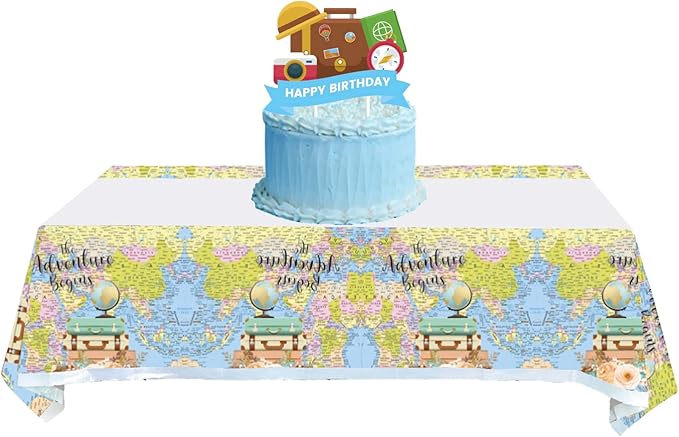 2 Pcs Adventure World Awaits Tablecloth, The Adventure Begin Birthday Party Supplies Decorations–Adventure Party Table Cover (70.9" x 42.5") (Pack of 2)