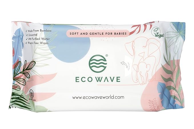Eco Wave Baby Wipes, 100% Compostable Eco-Friendly Bamboo Wipes, Unscented, Hypoallergenic, Vegan, Alcohol-Free, Suitable For Sensitive Skin (Pack of 12)