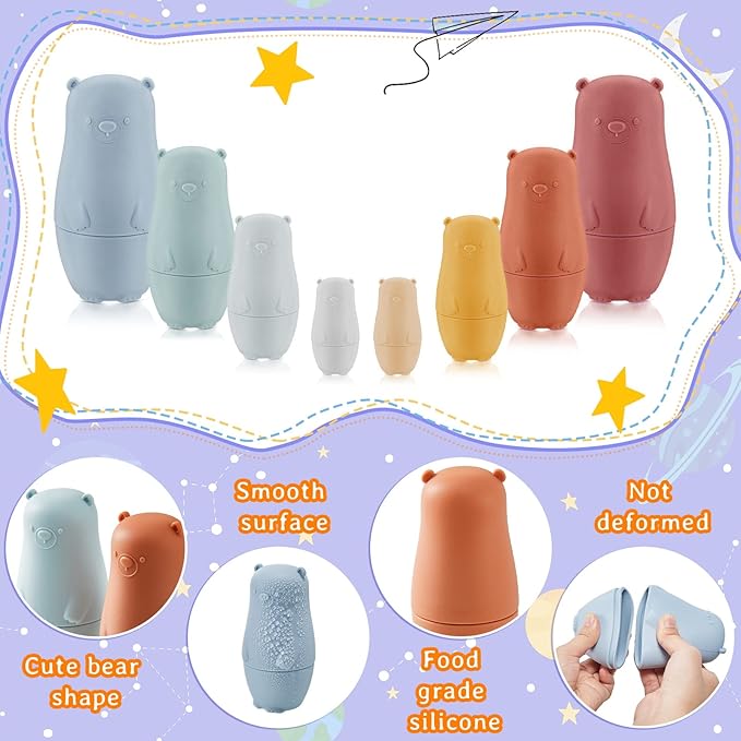 Chivao 8 Pieces Russian Nesting Dolls Silicone Matryoshka Doll Educational Stacking Nesting Dolls for Toddlers Vivid Food Grade Baby Teether for Kids, Gift for Kids(Bear)