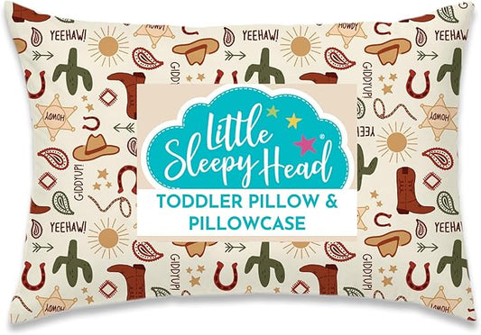 Little Sleepy Head Toddler Pillow with Pillowcase 13x18 - Kids Pillow for Sleeping - Better Neck Support Ergonomic Pillow and Toddler Pillowcase - Best Pillows for Kid (Giddyup)