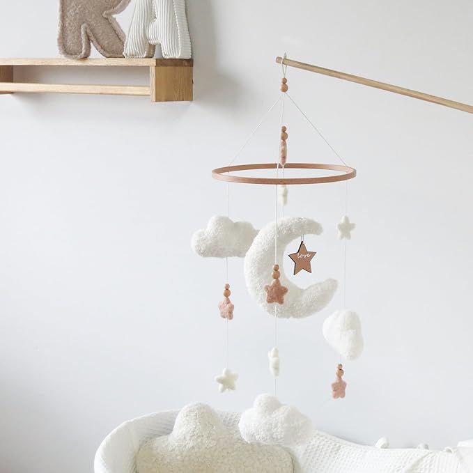 Cloud Crib Mobile for Girls & Boys, Boucle Cloud Baby Mobile for Crib Neutral Boho Nursery Mobile, Stars and Moon