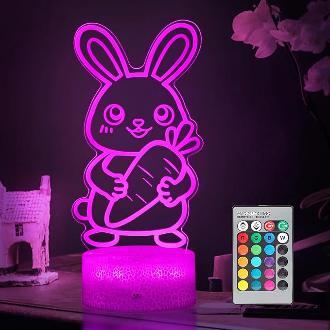 Cute Rabbit Night Light,Bunny 3D Lamp Girls Room Decor 16 Colors Changing for Kids Gifts for Christmas Birthday
