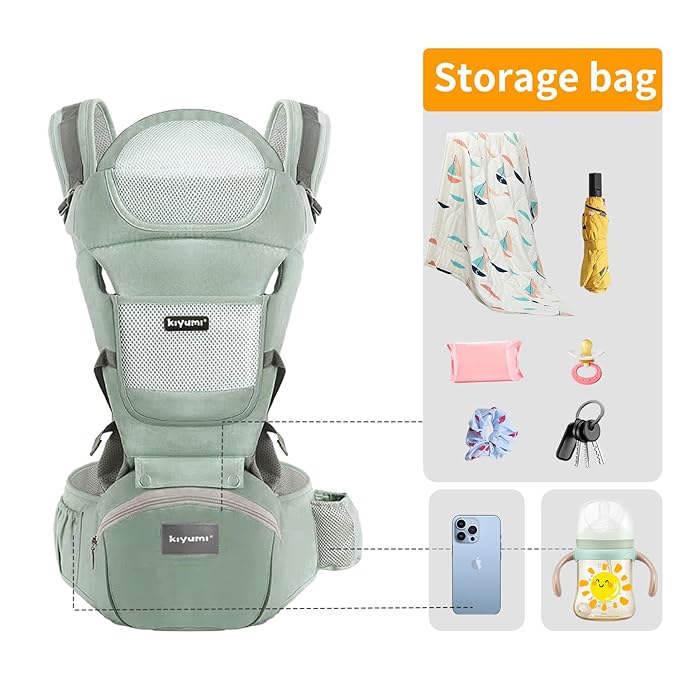 KIYUMI Baby Carrier with Hip Seat, 6- in-1 Baby Carrier Newborn to Toddler, Ergonomic M Position with Head Support and Breathable Mesh,Adjustable Removable Baby Sling Carrier (7-45 lbs) BXLU