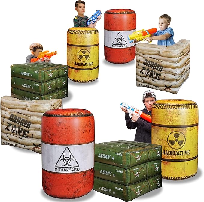 Package 4 Combat Battlefield Inflatables, Compatible with Nerf, Laser tag, Water Gun for Boys Birthday Party Activities and Decoration. Premiume Pack Include Water chember and Repair kit.