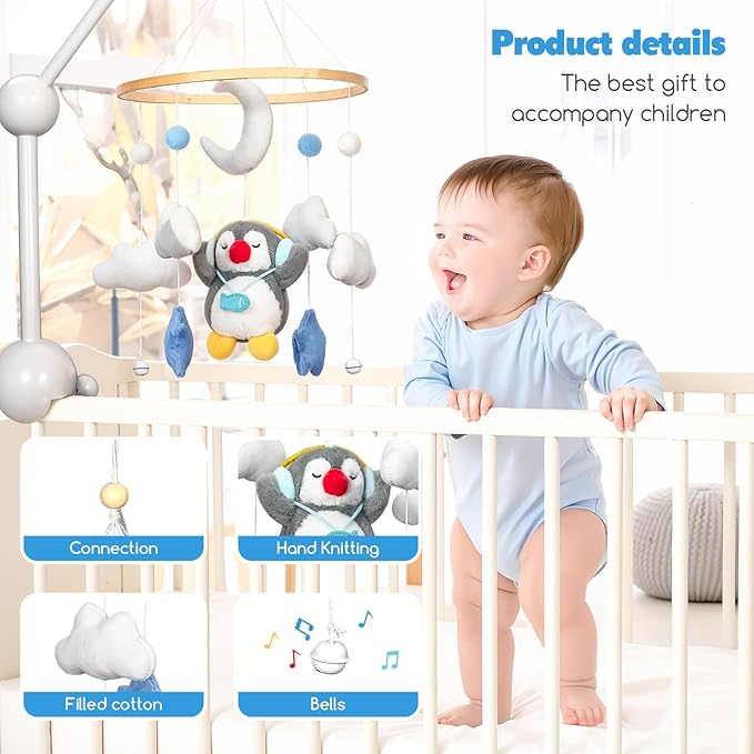 Baby Crib Mobile - Penguin Mobile for Crib, Handmade Furry Nursery for Boys and Girls, Baby Bassinet Mobile Toy - Shower Set for Infant Bedroom Hanging Decoration