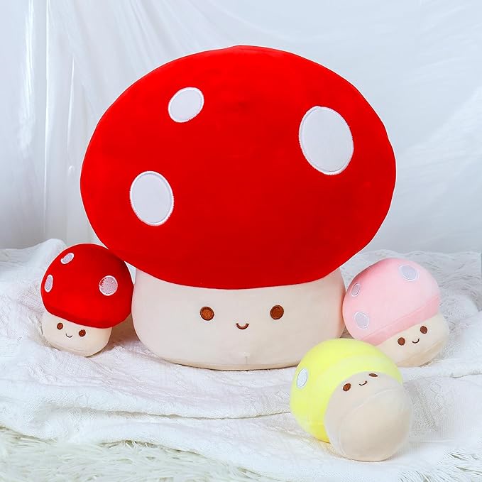 4PCS Mushroom Plush, 12 Inch Mushroom Plush Pillow with 3 Babies, Mushroom Stuffed Animals, Plush Toy Pillows, Mushroom Stuffed Pillow Room Decor Gift for Kids Adults