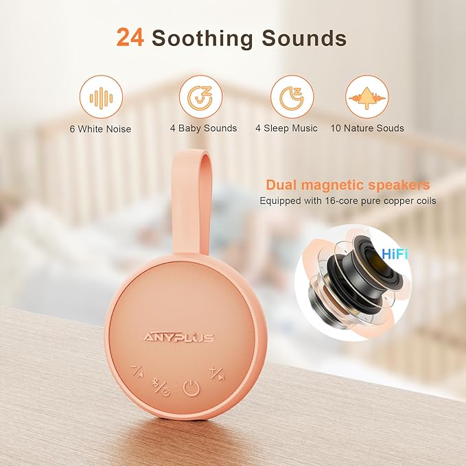 White Noise Sound Machine, Portable Sound Machine for Sleeping Adults & Baby, with Bluetooth 5.1/24 Soothing Sounds/Battery Powered/3 Timer Memory Function for Office/Bedroom/Travel（Orange）
