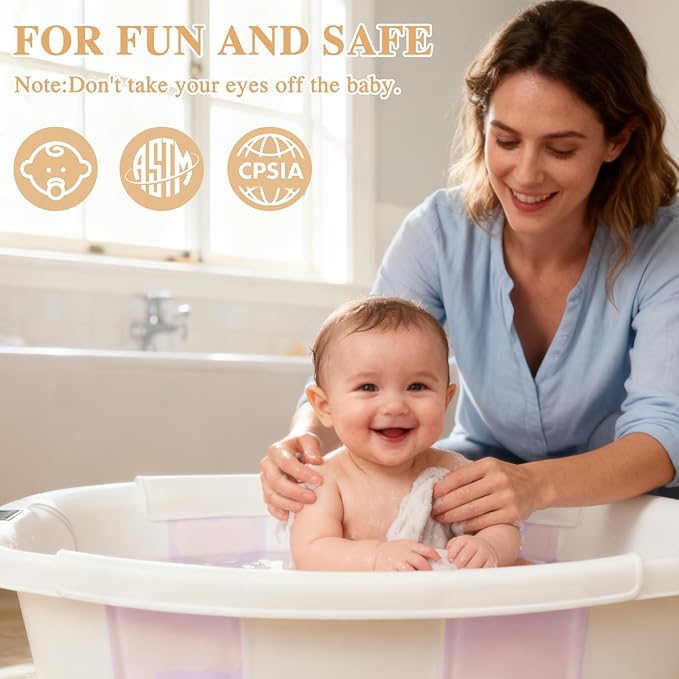 Baby Bathtub, Baby Bath Tub with Thermometer & Soft Cushion, Collapsible Infant Bathtub for Newborn to Toddler 0-36 Months, Quick Use & Portable for Travel(Pink)