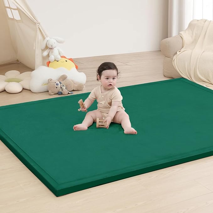 Baby Play Mat for Floor,1.3" Thick Elasti-Foam 74×50 Play Mat for Toddlers Infant Kids,Water-Repellent Soft Coral Velvet for Tummy Time, Non-Slip Backing for Crawling,Tatami Style(Dark Green)
