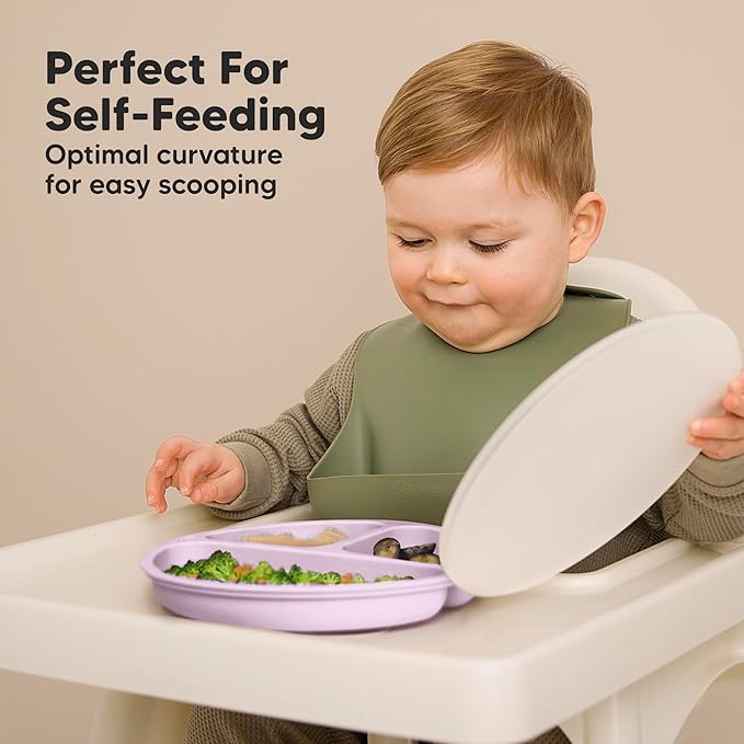 KeaBabies Suction Plates with Lids for Baby - 3-Pack 100% Silicone Toddler Plates with Suction, Divided, BPA-Free Baby Led Weaning Essentials for Kids, Dishwasher, Microwave Safe, Durable (Amethyst)